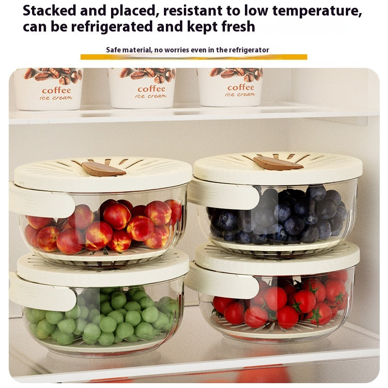 Fruit Drain Basket With Lid Vegetable Washing Bowl Foldable Handle Cleaning Colander Plastic Refrigerator Crisper Kitchen Box Kitchen Gadgets