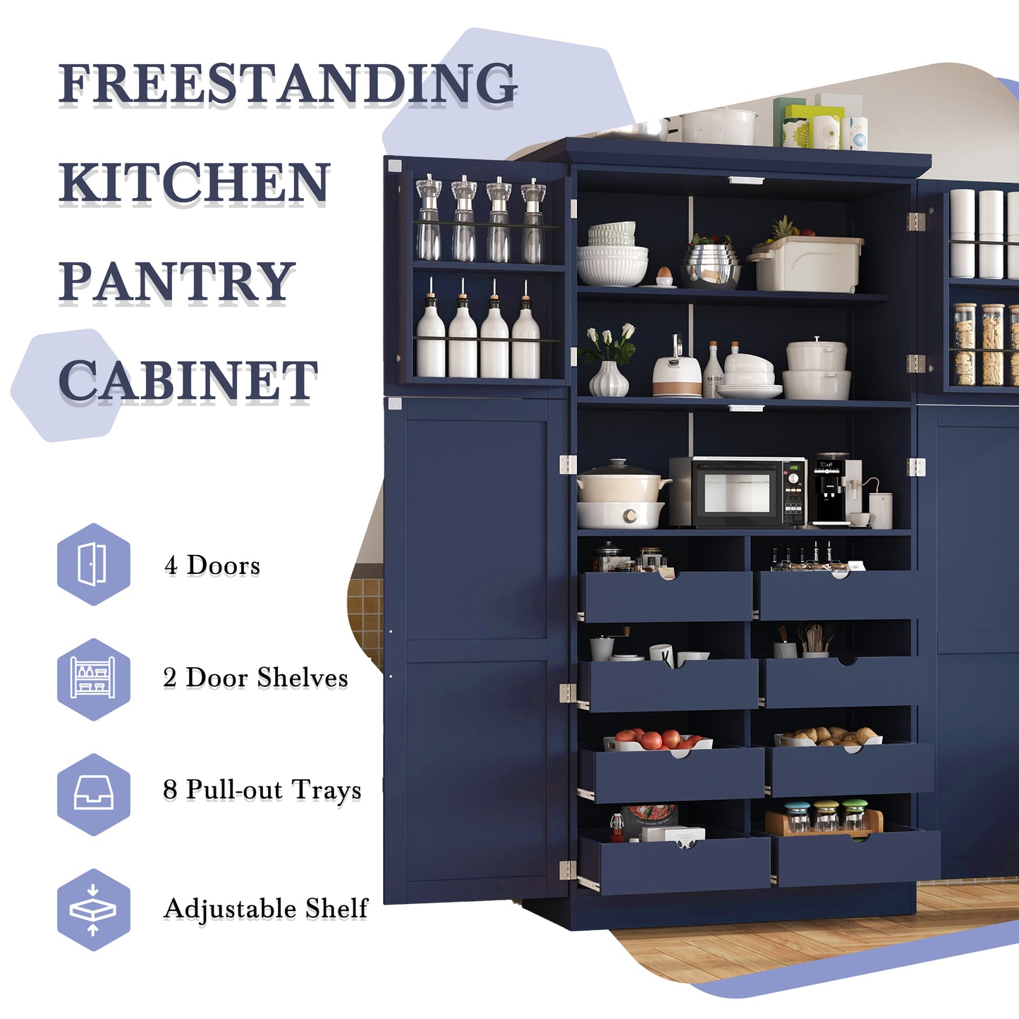 TOPMAx 35.5x17.6x70.9inch Freestanding Kitchen Pantry Cabinet  Tall Storage Cabinet With 4 Doors  2 Door Shelves  8 Pull- Out Trays And Adjustable Shelf For Dining Room  Blue