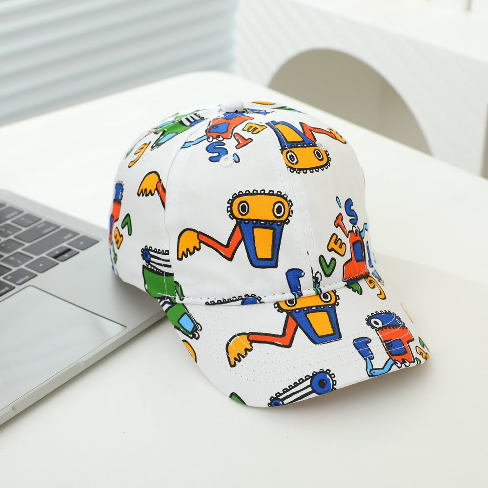 Doodle Cartoon Bulldozer And Car Patterns, Korean Version Trendy Children's Baseball Cap For Outdoor Travel And Leisure Activities