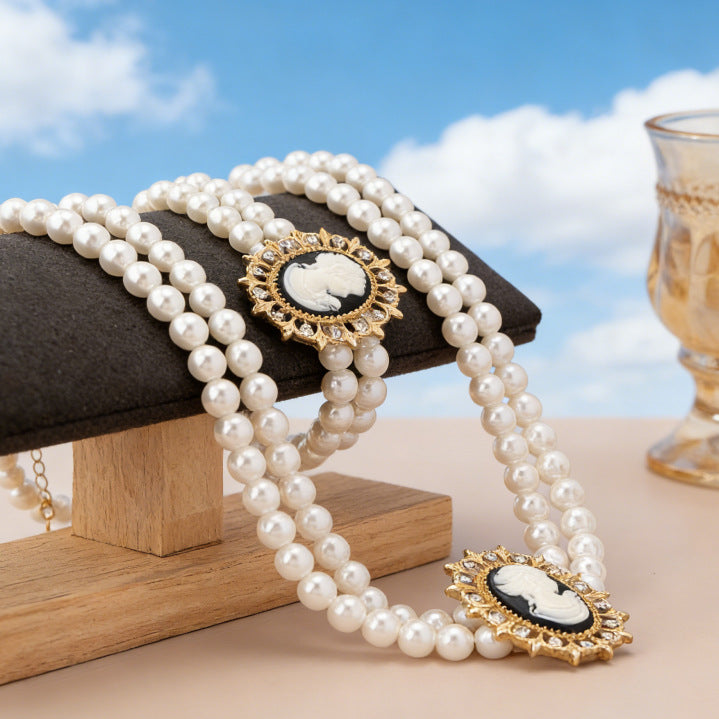 Luxury-style Double-layer Faux Pearl Beauty Portrait Necklace And Bracelet Set