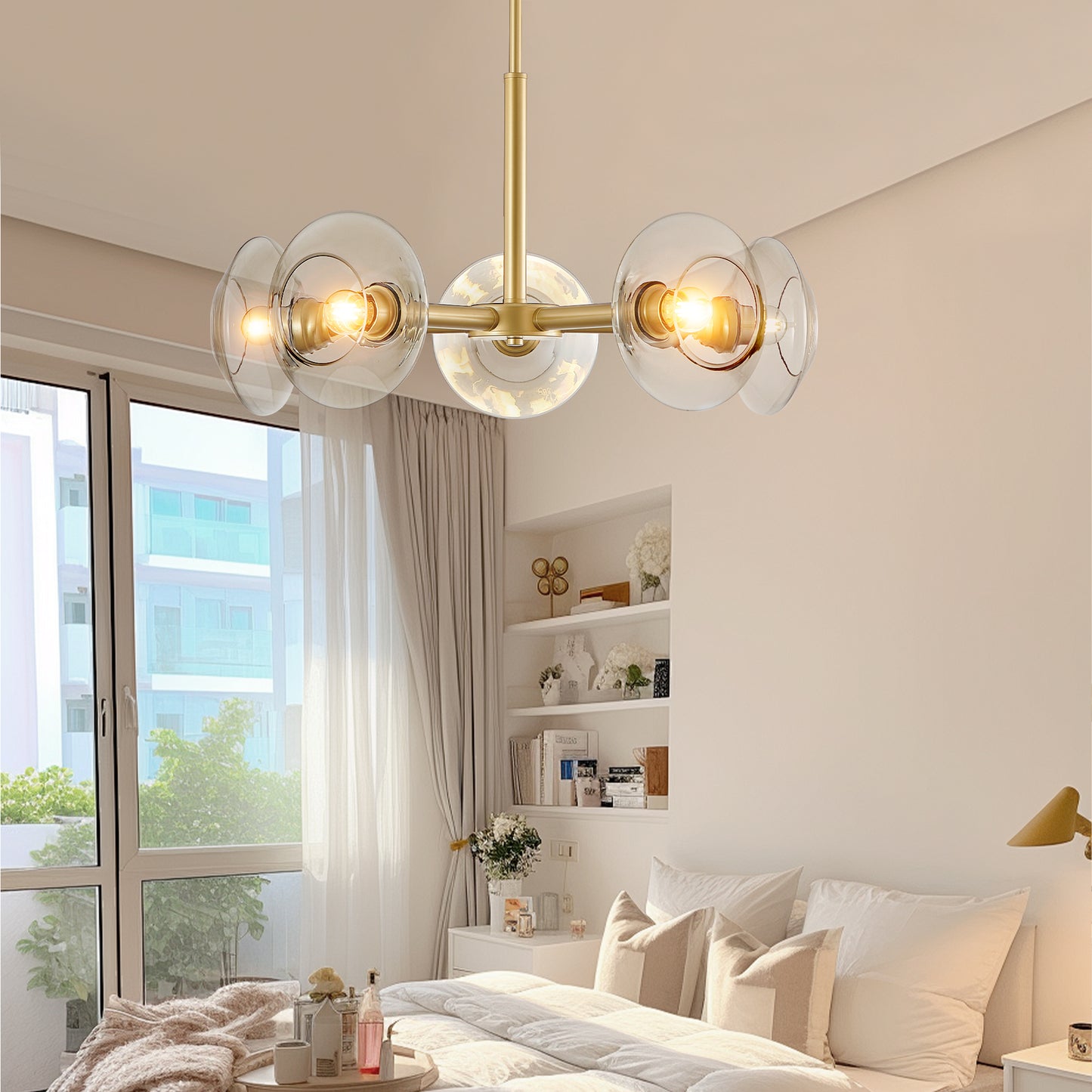 26  Modern Gold 5-Light Sputnik Chandelier With Clear Glass Shades, Mid-Century Hanging Pendant Light Fixture For Dining Room, Living Room, Or Kitchen Bulb Not Included