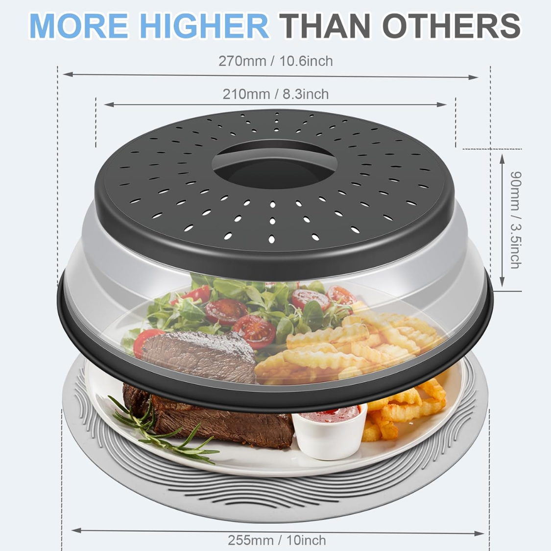 10 Inch Microwave Food Cover & Collapsible Silicone Mat - Splatter Guard, Plate Holder & Kitchen Colander For Meal Prep, Charcoal