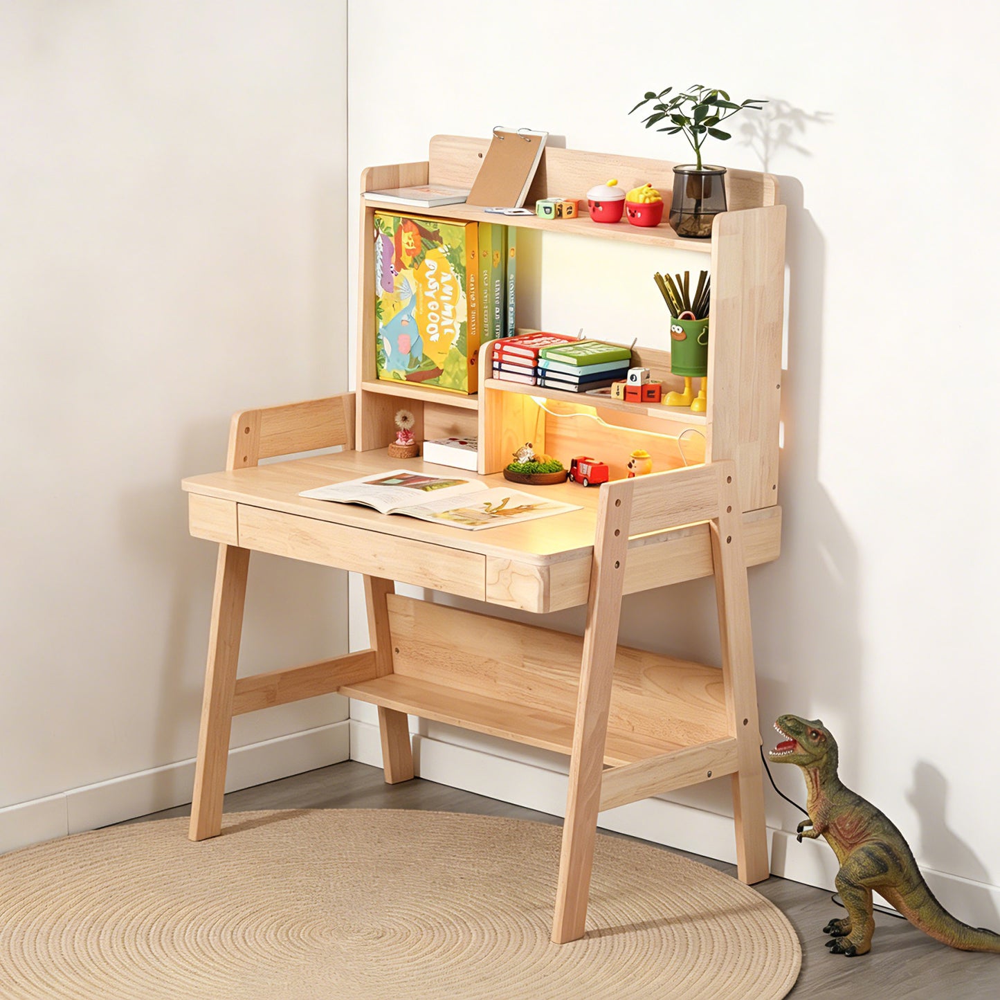 Children's Table, Height-adjustable Children's Desk Made Of Solid Wood, Natural Color, With LED Light Strip, USB Port, Drawer & Storage Space, Child-friendly, For Children Aged 6 And Up