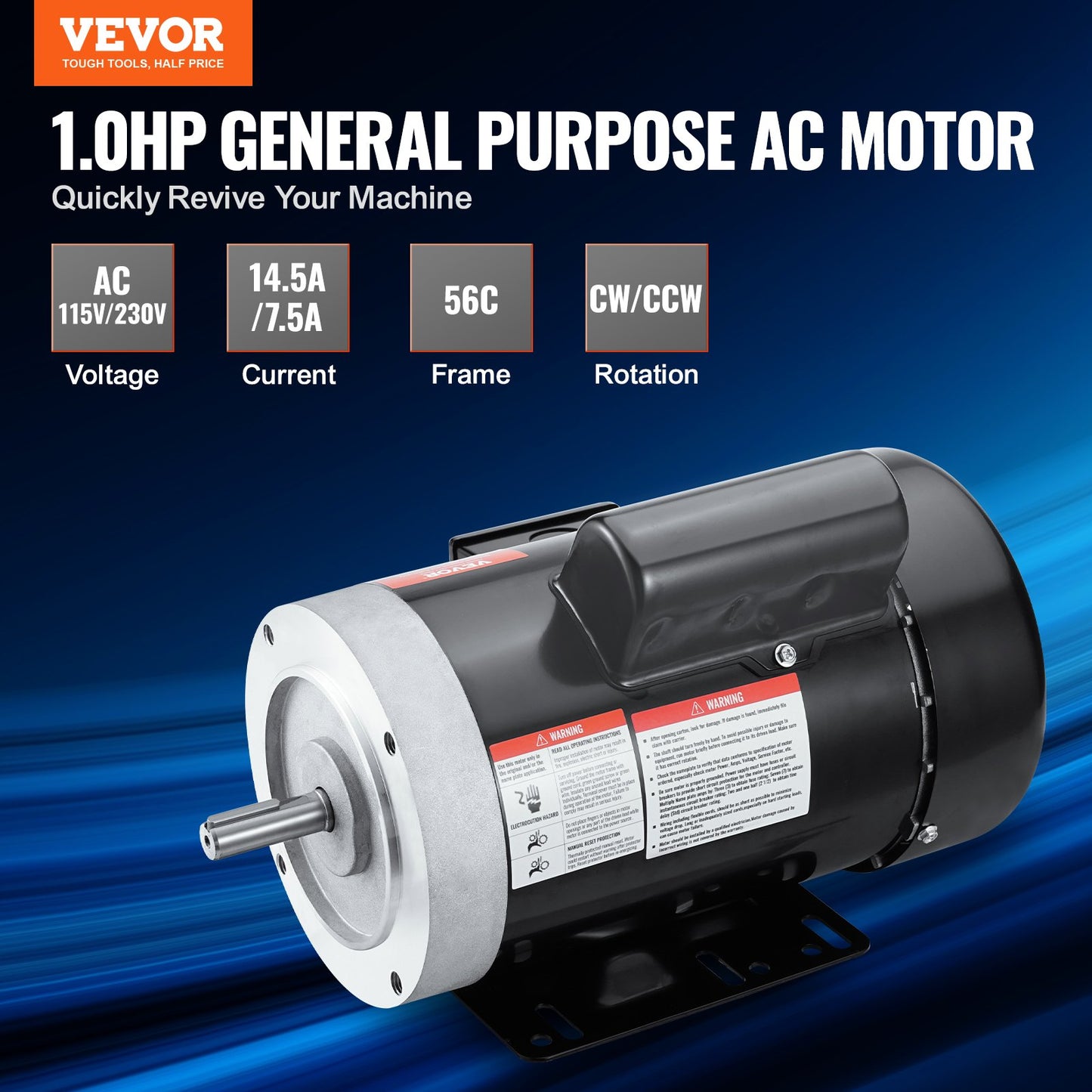1HP Electric Motor 1725 Rpm, AC 115V/230V, 56C Frame, Air Compressor Motor Single Phase, 5/8' Keyed Shaft, CW/CCW Rotation For Agricultural Machinery And General Equipment