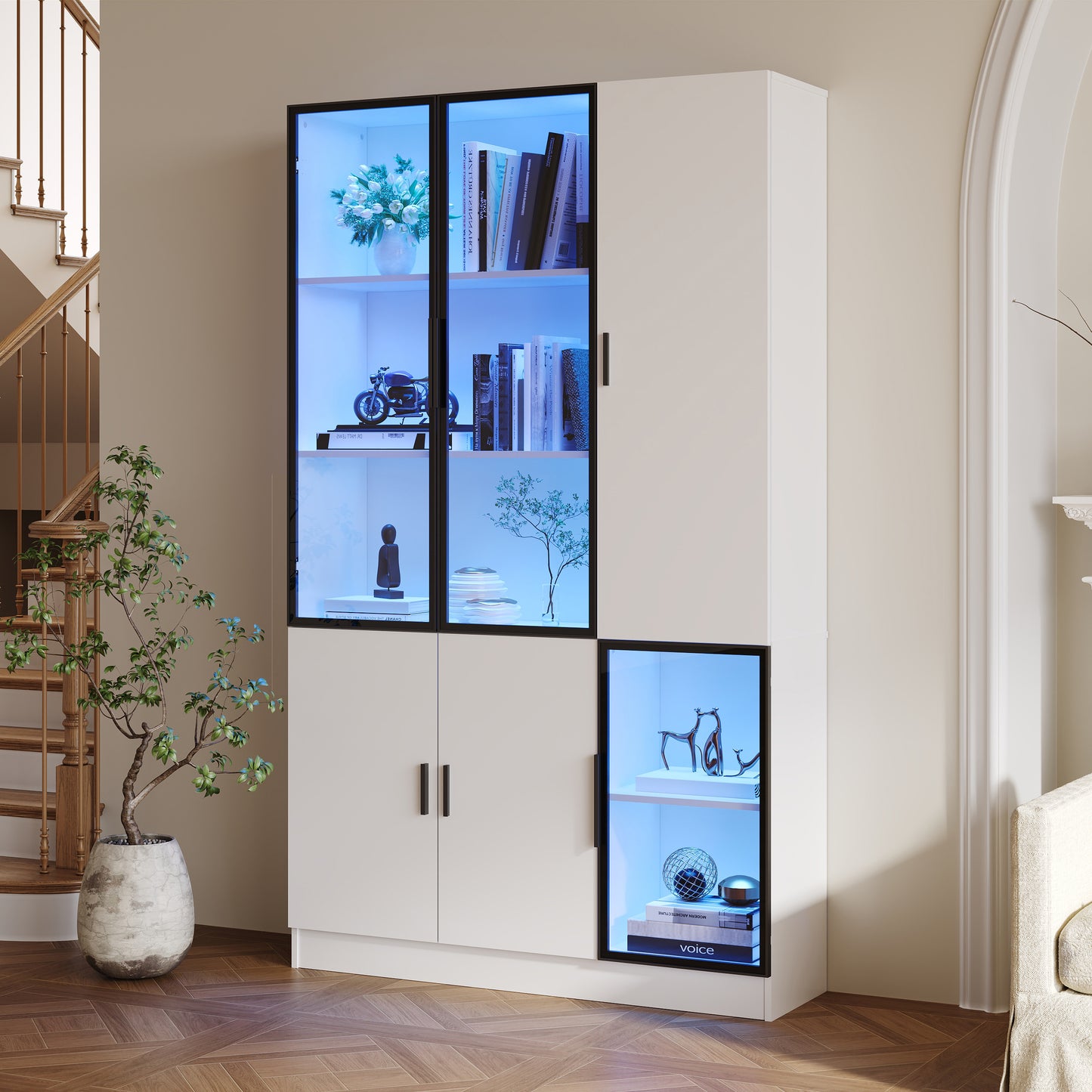 N625P3142394041W,Glass Display Cabinet Glass Cabinet Door 200cm High Display Cabinet With LED Lights,MultiStorage Bookcase For  Bedroom Living Room Office,Cabinet With Glass Door With Alumin