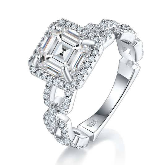 S925 Sterling Silver 2.5ct Asscher Cut Moissanite Ring, D-VVS1 Halo Chain Band, Platinum Plated US Sizes 5-9 GRA Gift Box