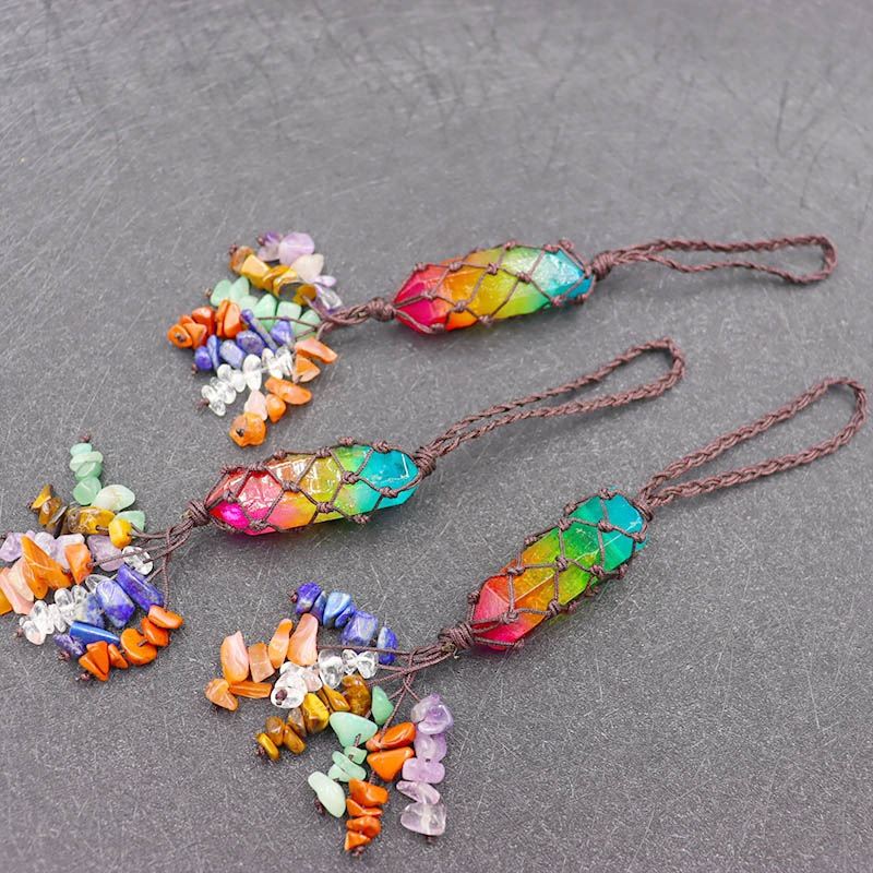 Woven Hexagon Prism Yoga Stone Car Hanging Tassel Pendant