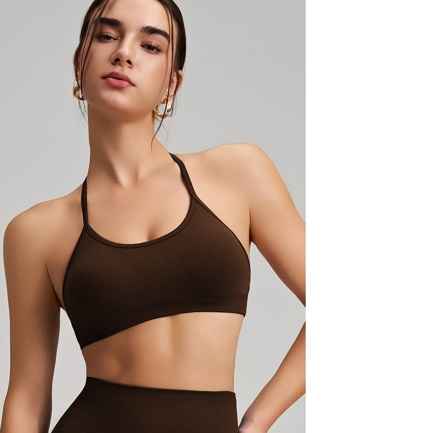 Women's Seamless Thin Strap Cross Back Yoga Outfit Set, Quick-Dry Tight Sports Fitness Bra For Running
