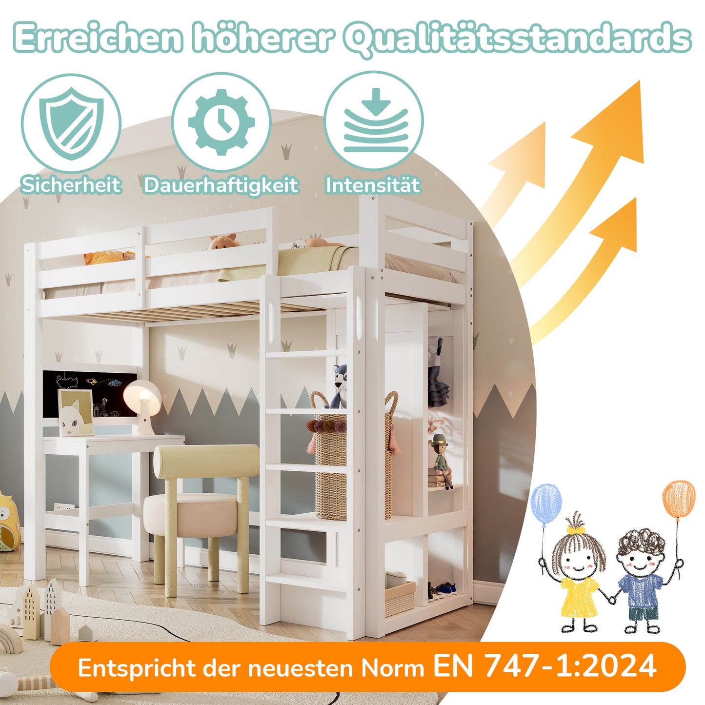 AB30624901W Children's Bed Loft Bed With Desk Open Wardrobe And Shelves Children's Bed With Slatted Frame And Fall Protection Single Bed Lying Surface 90x200cm, White Without Mattress