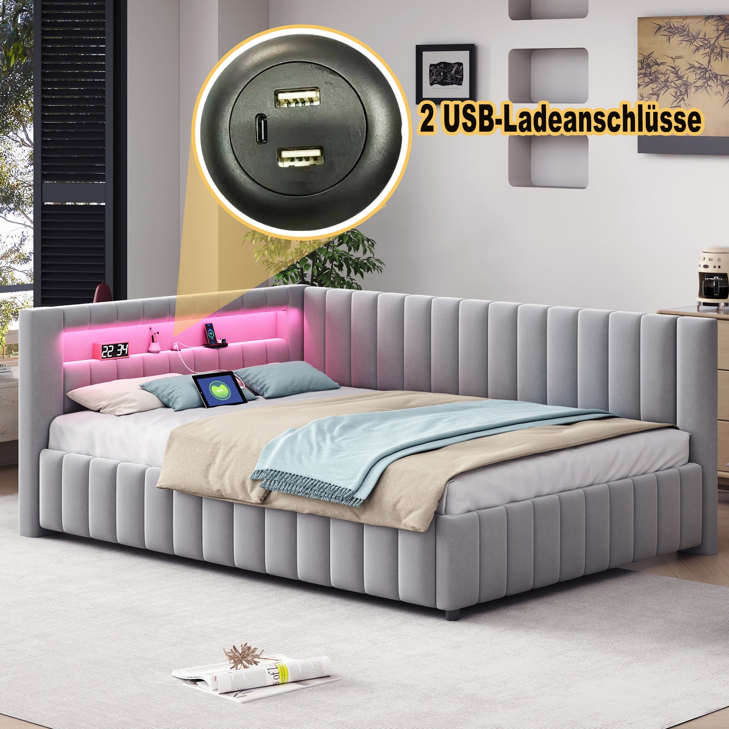 Upholstered Bed Sofa Bed 140x200, Upholstered In Velvet Fabric With LED Light And USB Charging Port, With Backrest, Headboard And Sturdy Bed Frame Grey