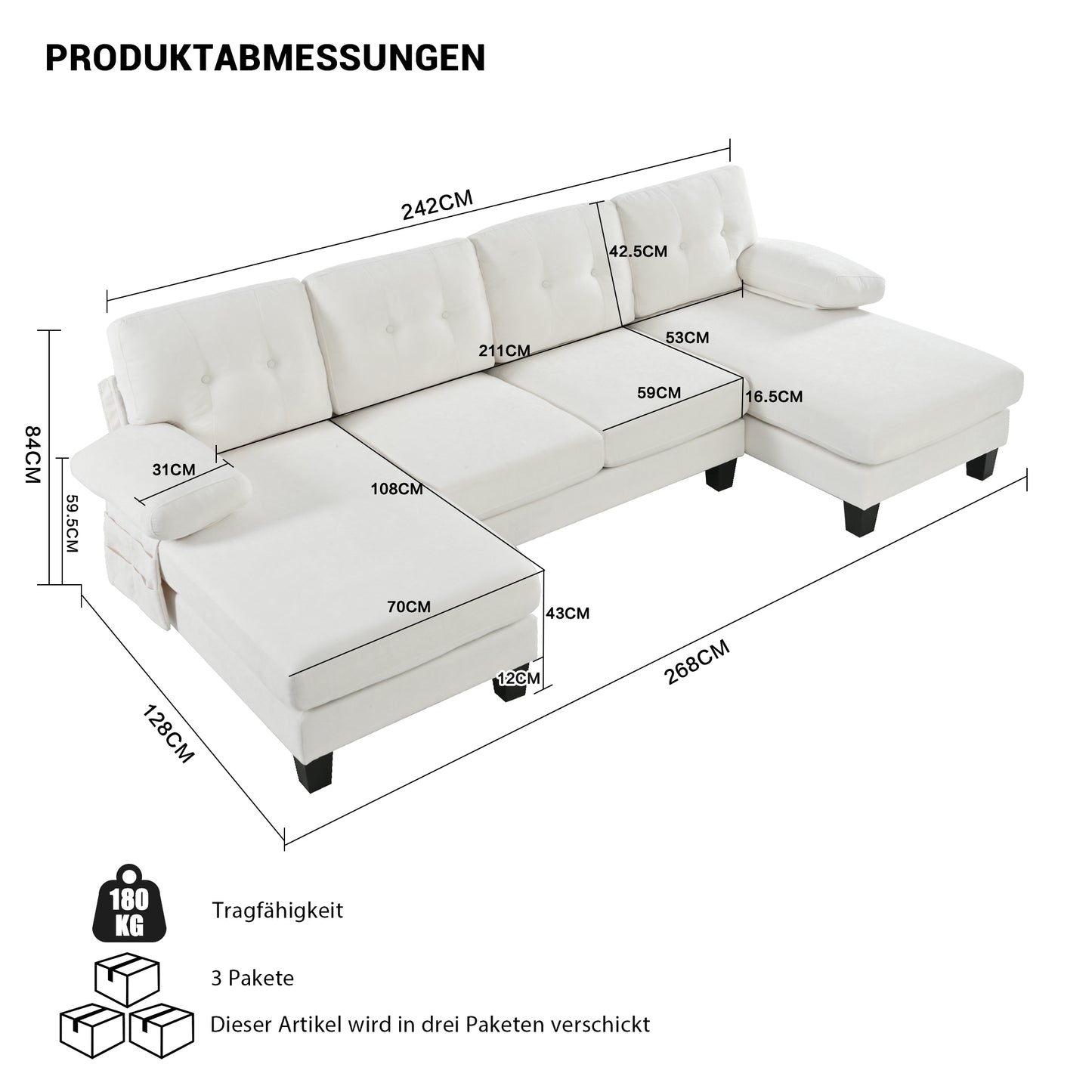 4 Seater U-Shaped Sofa With Chaise Longue, Modern Chenille Upholstered Sofa, Sofa Bed With Adjustable Backrest, Guest Sofa For Living Room & Office, Beige