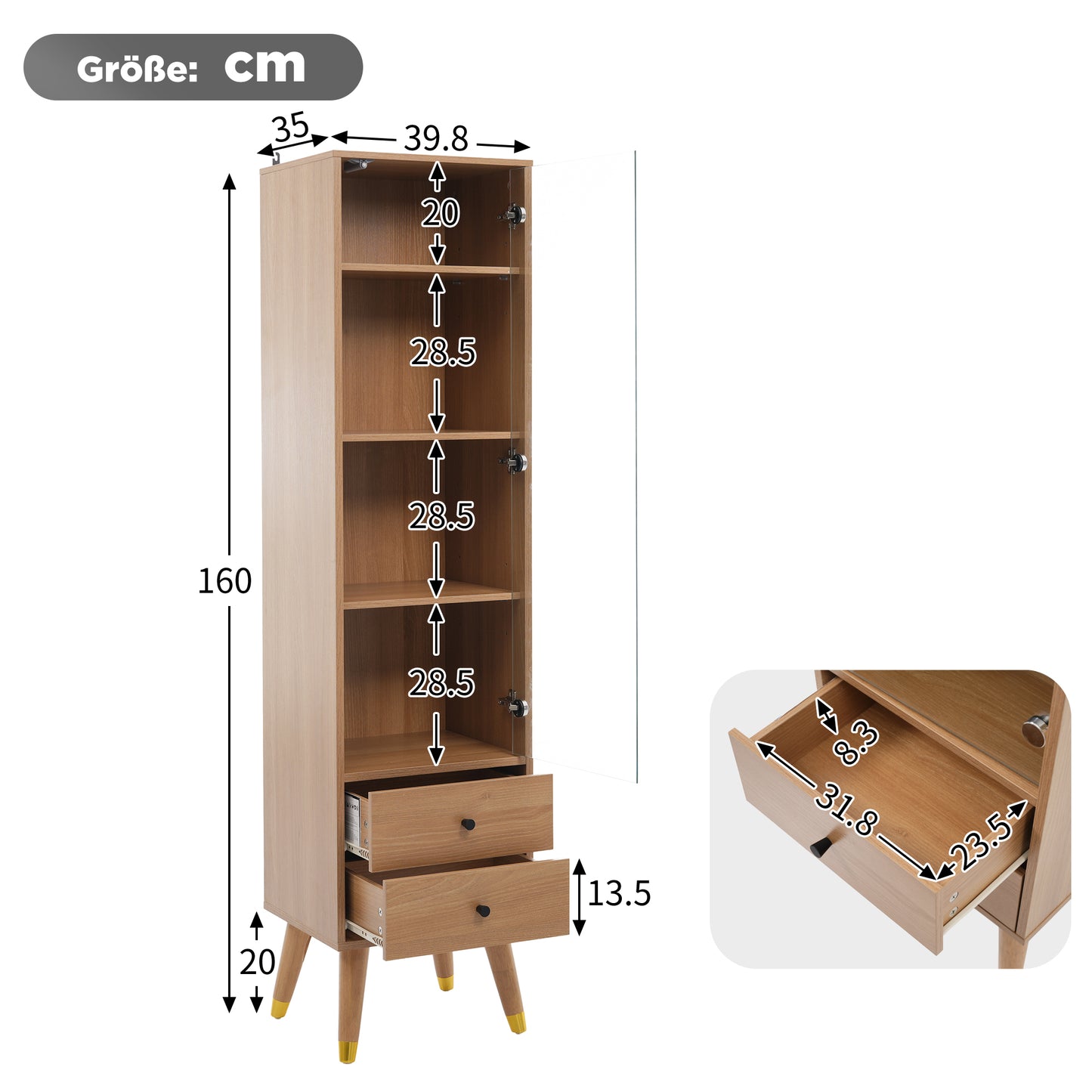 Modern Tall Cabinet With Glass Door, Display Cabinet With Adjustable Shelves And 2 Drawers, Floor-standing Cabinet For Living Room, Bathroom & Office In Wood Look