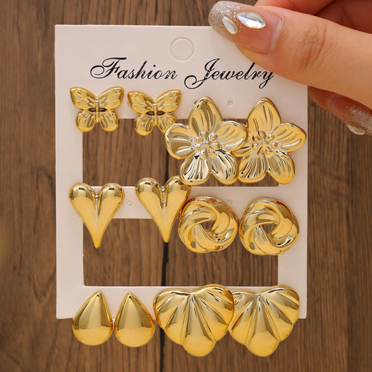 2026 New Cross-border Gold Stud Earring Set For Women, Fashion Multi-style Earrings With Butterfly, Flower, Heart & Water Drop Shapes Versatile Daily Ear Jewelry