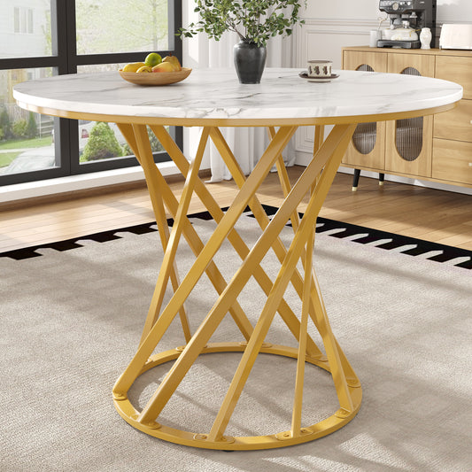Round Dining Table  80x80x76cm , Kitchen Table, Round Coffee Table For 4, Suitable For Dining Room, Living Room, Metal Table Legs, MDF Marbled Table Top, Golden Legs