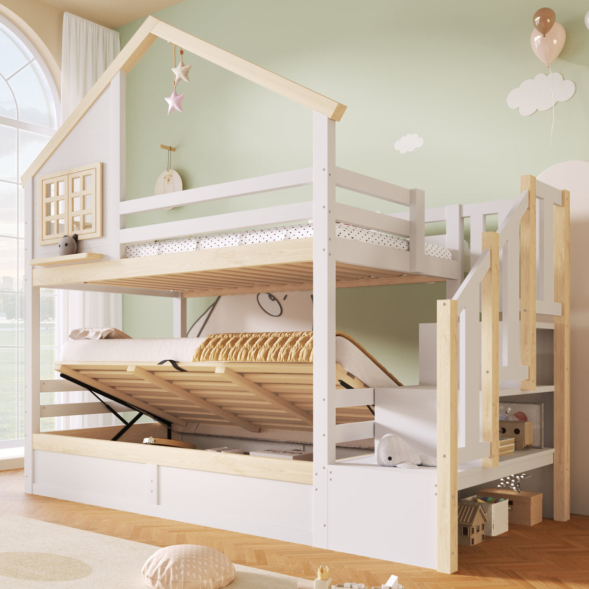 Bunk Bed, 90x200cm, Hydraulic, With Bed Rail, Storage Space Under The Bed, Window And House Decoration, White Natural