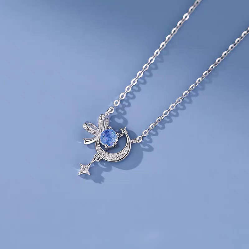 1pc 999 Sterling Silver Diamond Moon Star Bow Pendant Necklace, Delicate Sweet Style, Perfect For Daily Wear & Valentine's Gifts