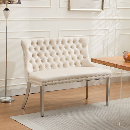 Velvet Double Dining Loveseat Bench, Kitchen & Dining Seating, 2-Seat Tufted Bench W Handmade Buttons, Wing Back, Brushed Silver Stainless Steel Legs, Mid Century Modern,Single Pack,Beige,SW1702BG