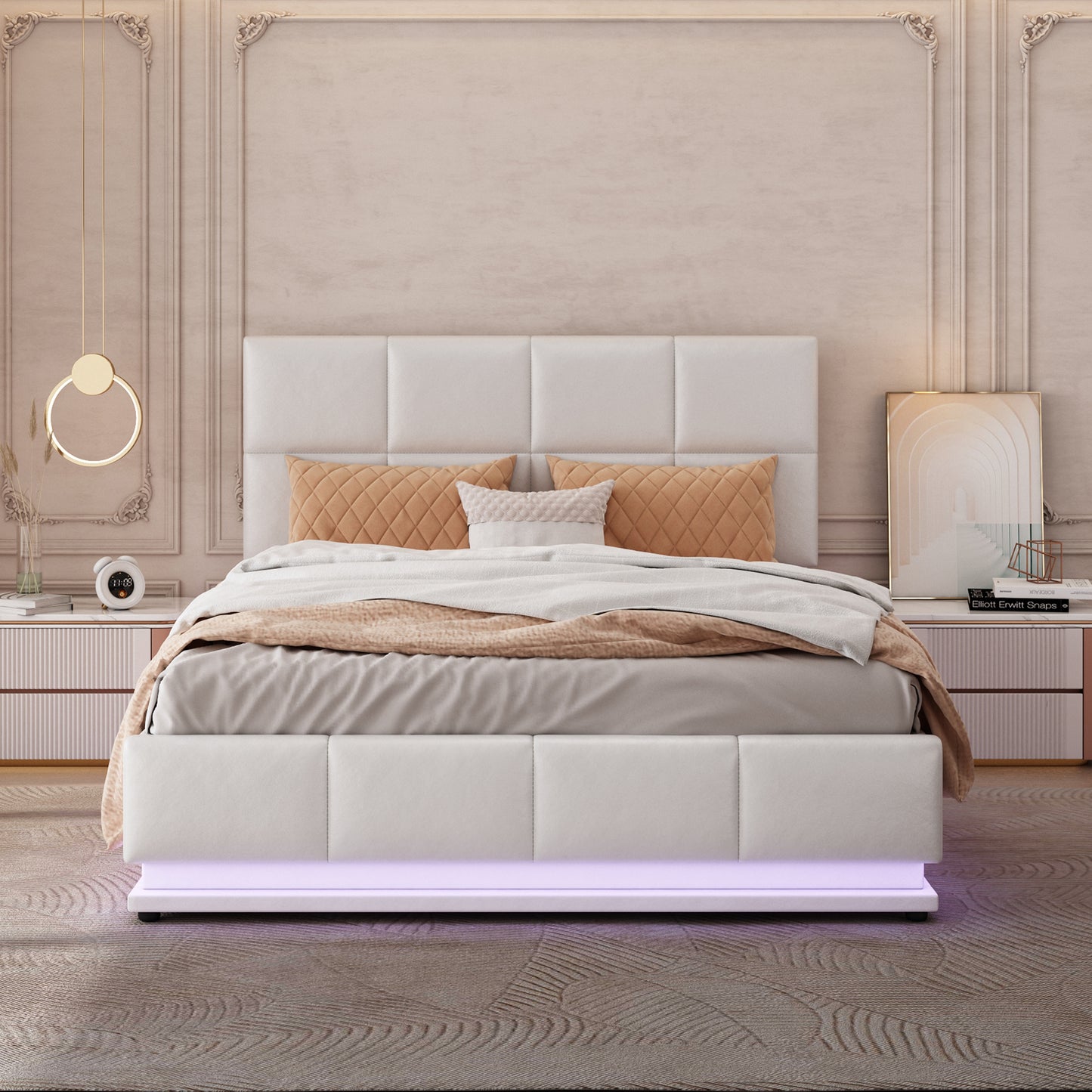 Upholstered Bed 140x200 Cm With LED Lighting & Hydraulically Liftable Bed Storage, Bed Box & Slatted Frame Covered In Faux Leather, Double Bed For Adults Or Teens, White