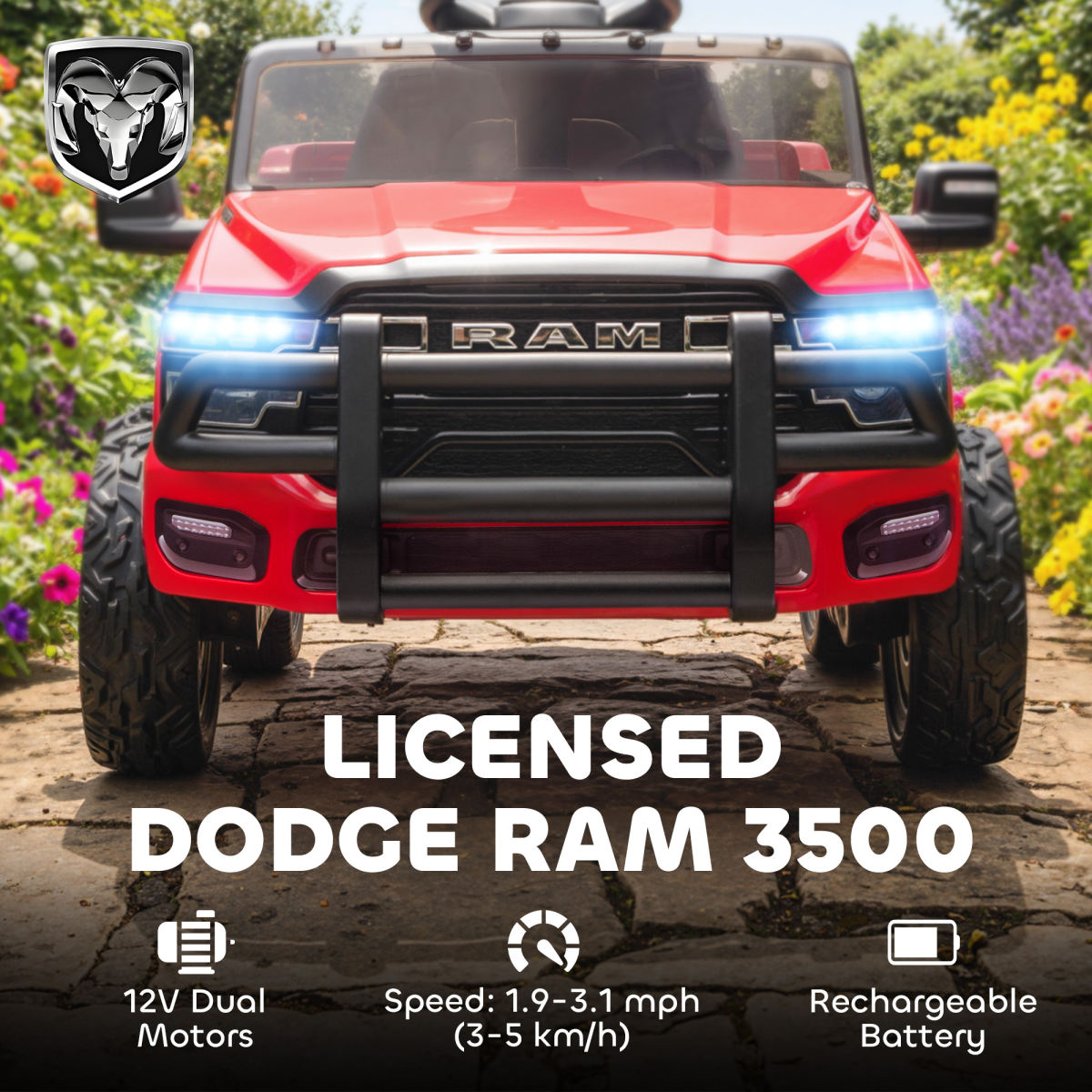 12V Kids Ride On Car, Licensed Dodge RAM 3500 Ride On Toys With Dual Motors, Remote Control For Toddlers, Red