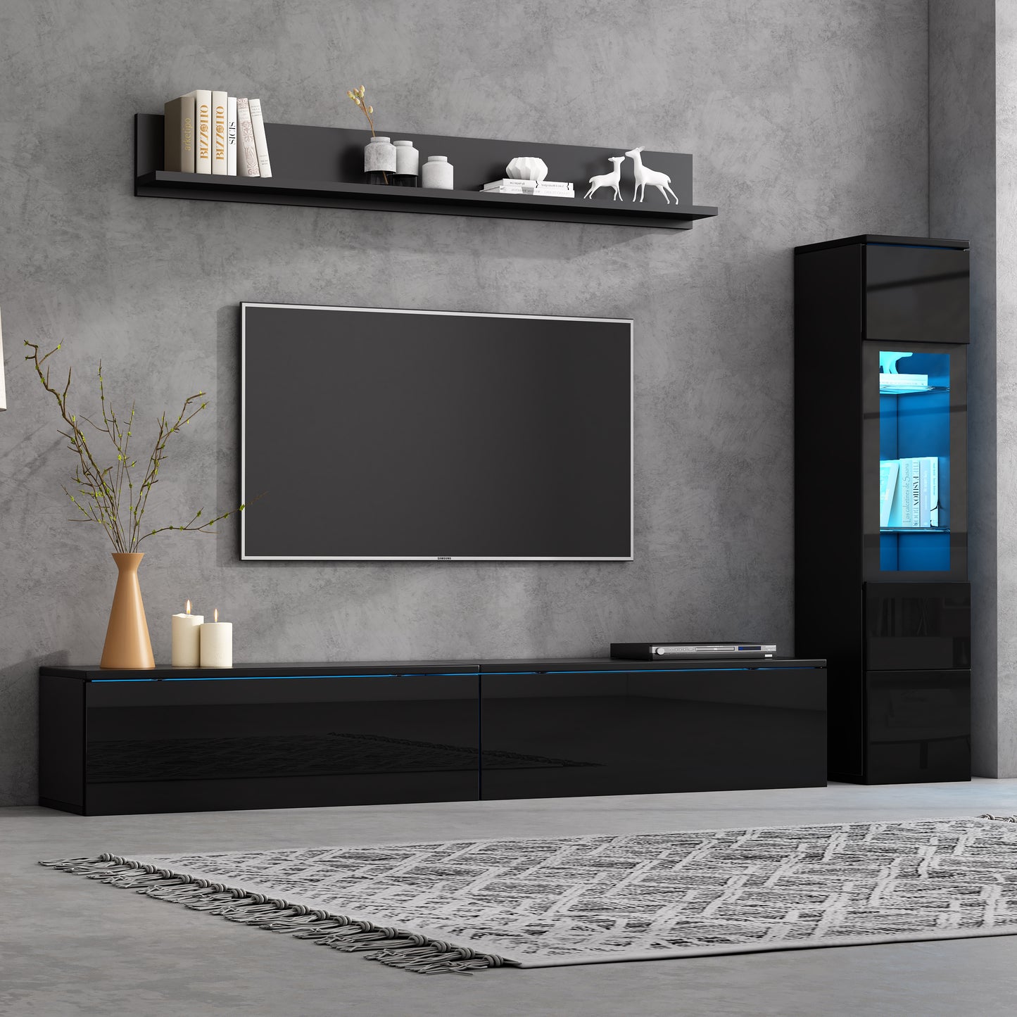 TV Wall Unit Set 3-Piece LED Lighting High Gloss Black Living Room Furniture Set Frontal Wall Unit Black 1 X TV Cabinet, 1 X Living Room Display Cabinet, 1 X Hanging Shelf, TV Up To 80'