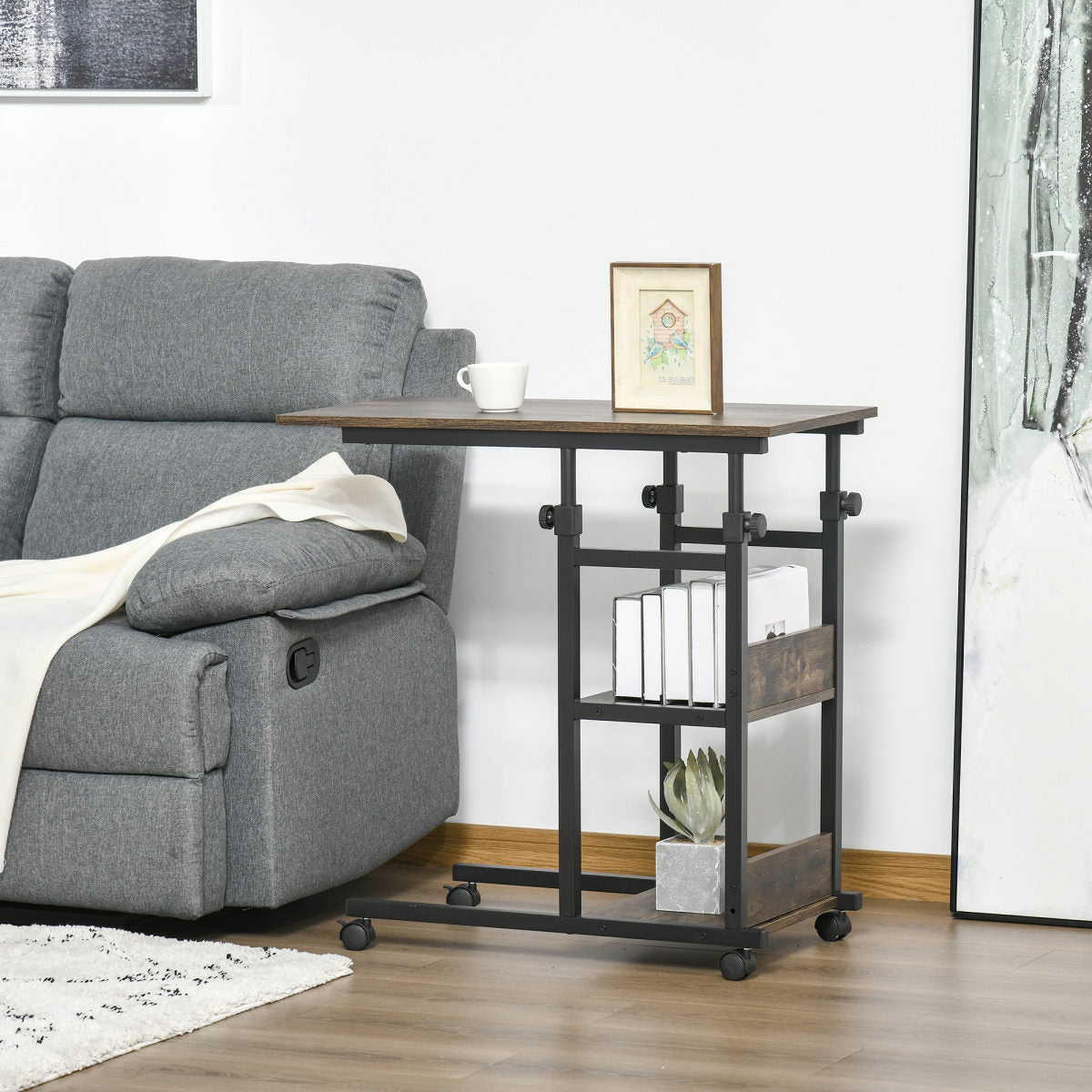 C-Shaped Side Table Industrial Mobile Rolling End Desk With 3-Tier Storage Shelving, Adjustable Height, Wheels
