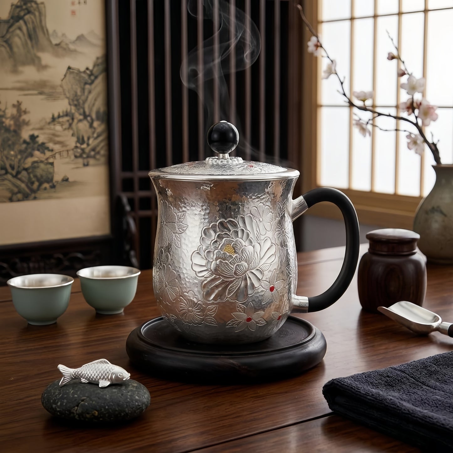 925 Sterling Silver Handcrafted Sterling Silver Peony Tea Mug with Ornate Relief and Sleek Black Handle - Handicraft
