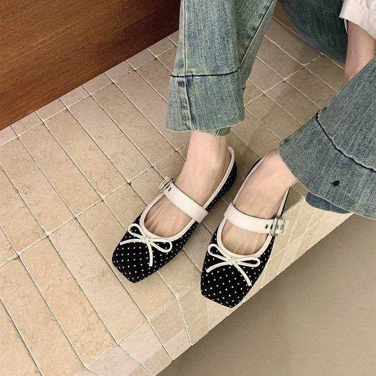 Women French Vintage Polka Dot Ballet Flats, New Spring Shallow Vamp Mary Jane Flat Shoes For Dresses