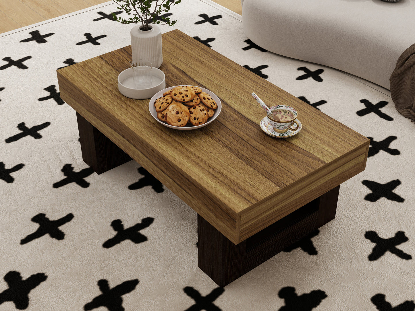 42 Inch Wood Rectangular Coffee Table, All MDF Farmhouse Accent Center Low Cocktail Tea Table With Sturdy Base For Living Room-Rustic Brown