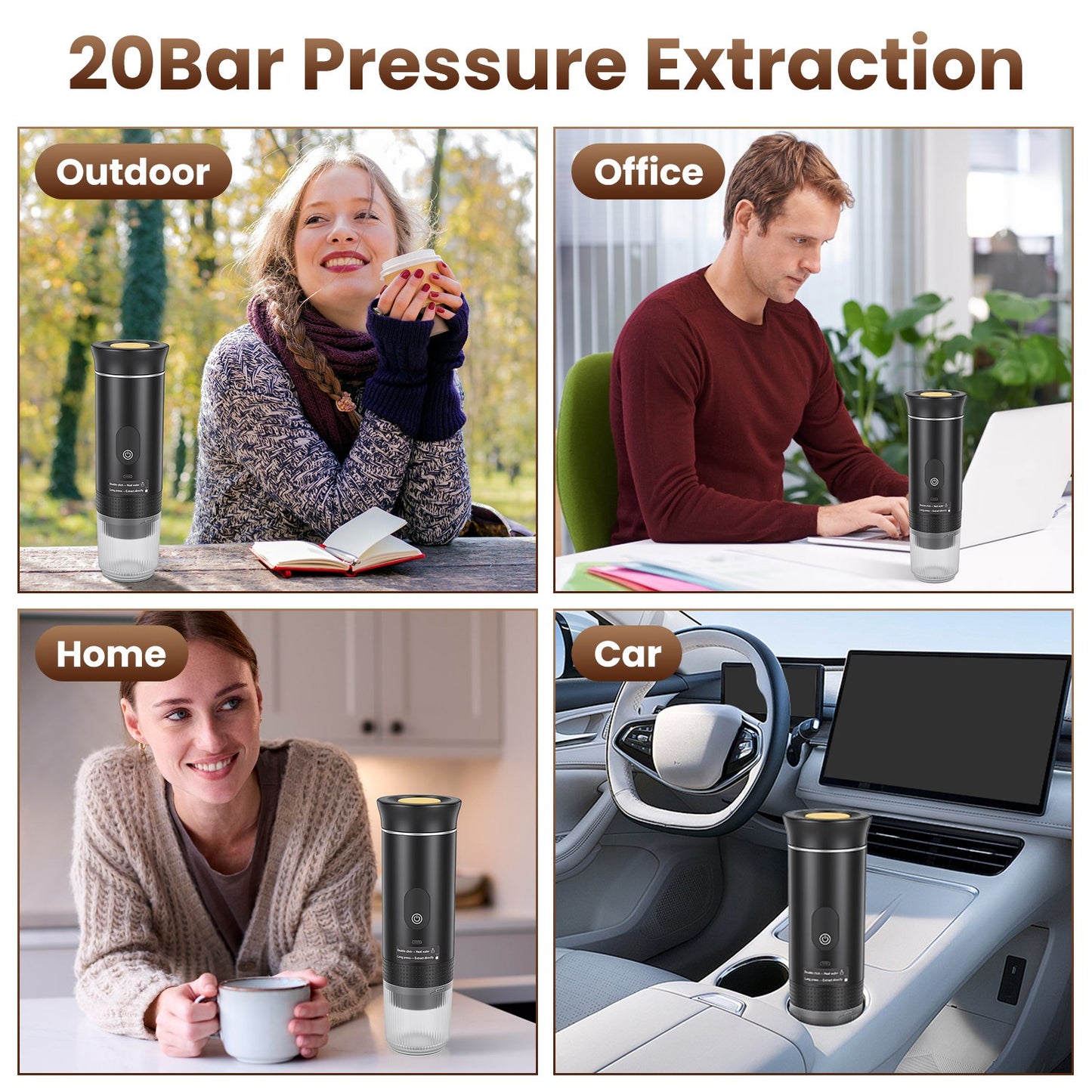 3 In 1 Portable Espresso Machine Cordless Mother Day Self Heating Coffee Maker With 7500mAh Battery Heating 20Bar Pressure Anti Dry Burn Fit For Ground Coffee Capsules For Camping Hiking RV Home