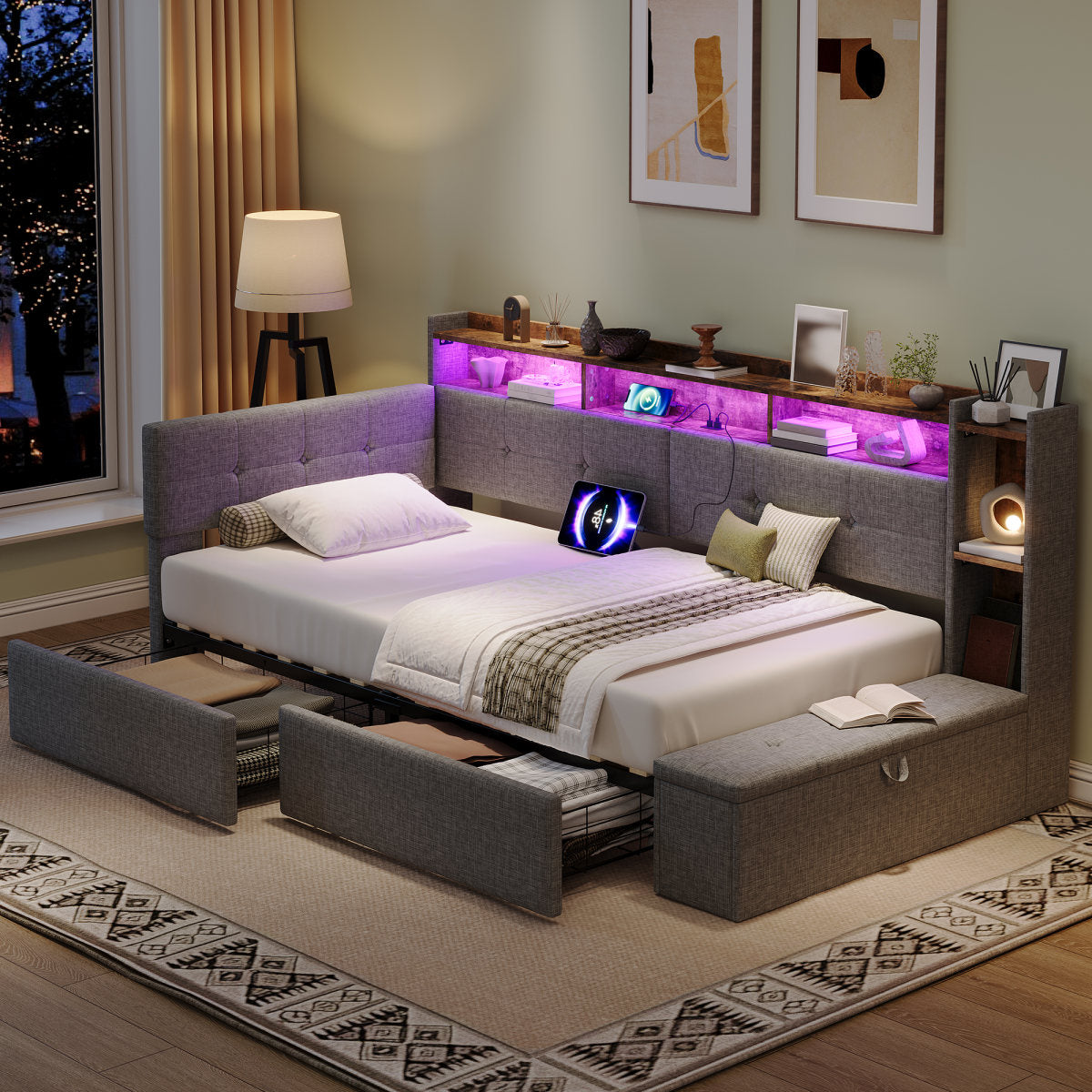 3ft Single LED Daybed With Storage Drawers And Bed End Ottoman Storage, Modern Linen Sofa Bed With Charging Station For Living Room Bedroom Study Room, 90X190cm, Grey  No Mattress