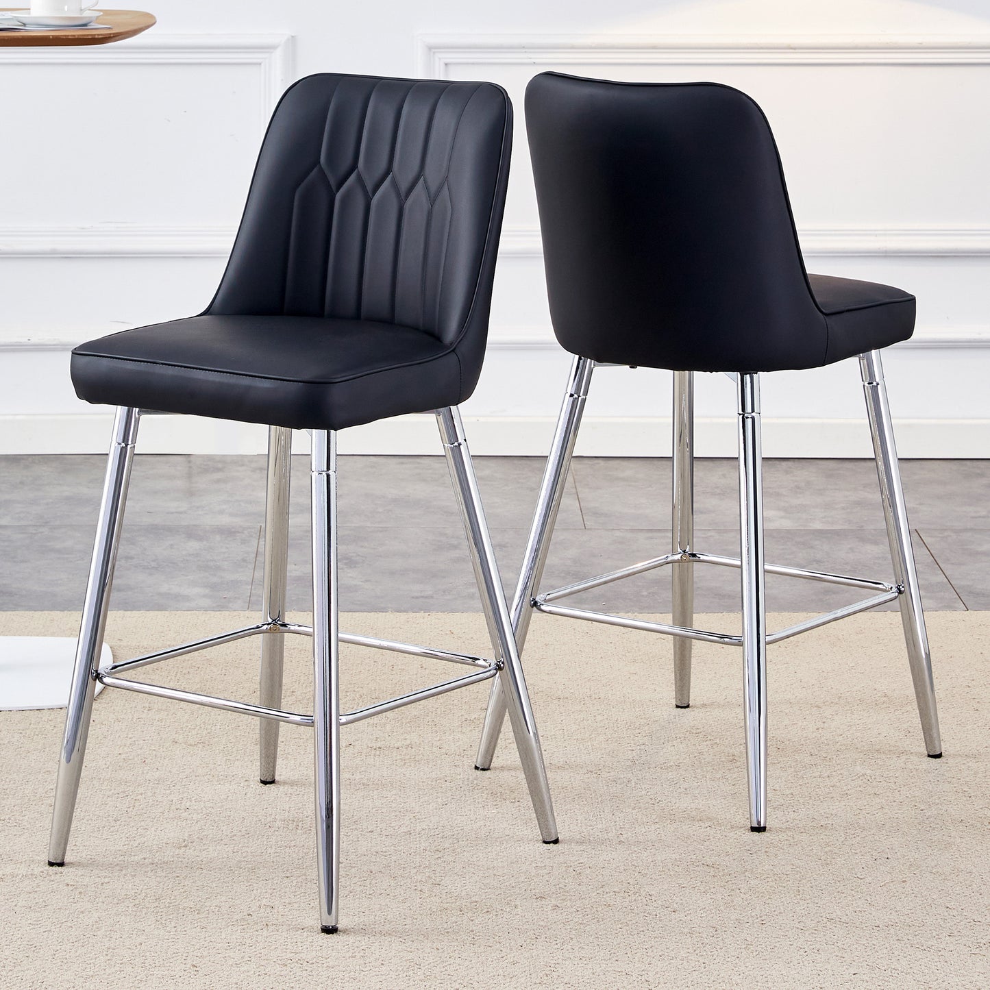 Set Of 2 Bar Stools, 100 Cm High, Black PU Leather With Silver-coloured Metal Frame And Comfortable Footrest. Available In Several Colours  The Ideal Choice For Your Home Bar.