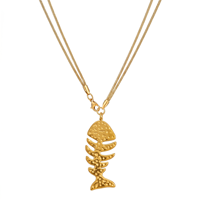Hammered Fishbone Pendant Necklace For Women, 18K Gold Plated Stainless Steel Snake Chain Choker, Textured Fish Skeleton Summer Beach Jewelry Gift