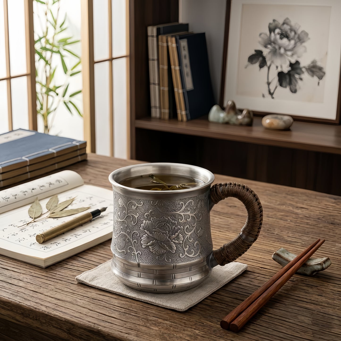 Pure 999 Fine Silver Elegant Metallic Tea Cup with Woven Handle and Floral Engraving-Premium Tea Mug - Handicraft