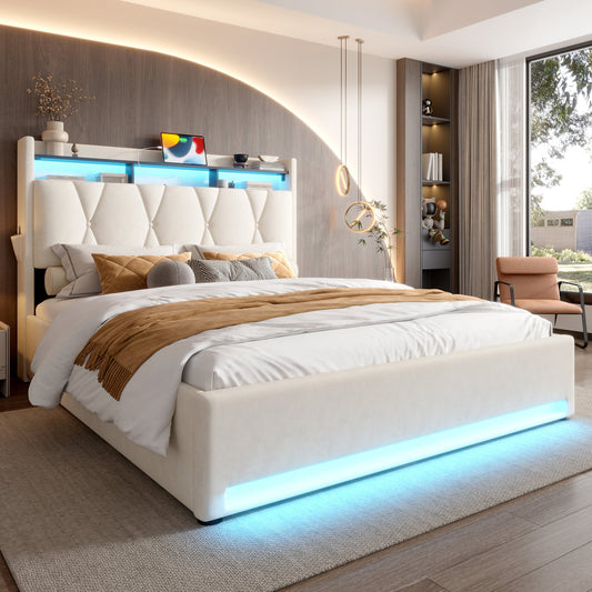 135x190cm Padded Bed Frame With LED Lighting, USB Type-C Charging Function, And Under-bed Storage, Headboard With Storage Space, Hydraulic Storage Bed Frame, Without Mattress,  Beige