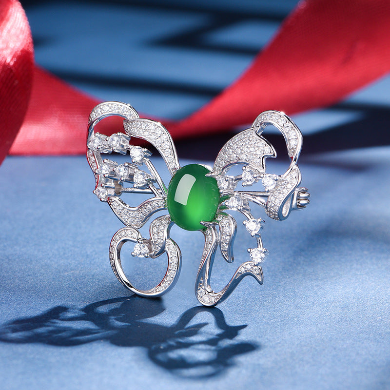 S925 Sterling Silver Butterfly Brooch, 8x10mm Green Chrysoprase Cabochon, Platinum Plated 6.7g, Elegant Women's Brooch Pin With Gift Box