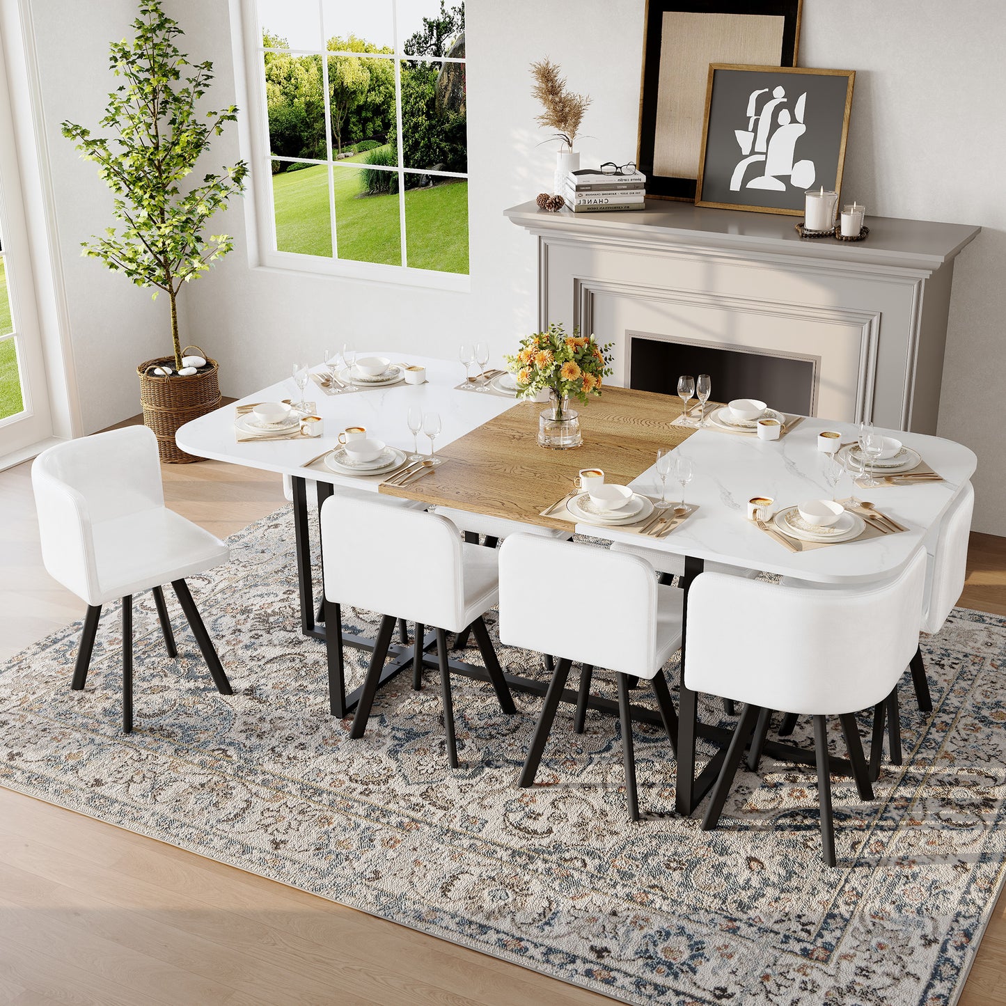 9-Piece Square Dining Table Set, Fixed White Faux Marble & Wood Grain Triamine Tabletop With 8 White Faux Leather Chairs, Modern Kitchen Table Set For 8 People, Ideal For Family Gatherings