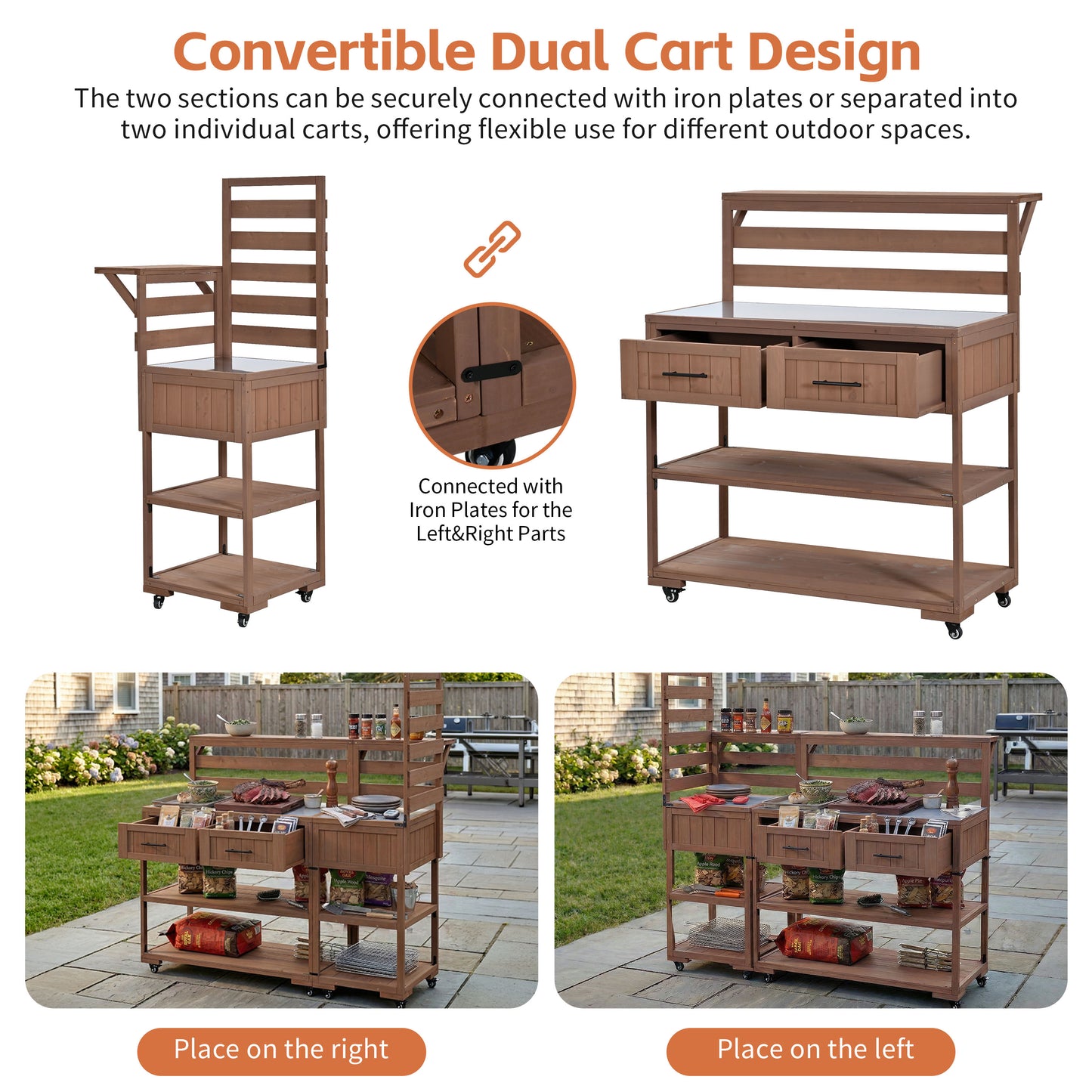 With Assembly Video  TOPMAx 62.3  Patio Kitchen Island Solid Wood Kitchen Cart With Stainless Table Top  Garden Potting Bench With Raised Shelf And Drawers  Grill Prep Table For BBQ  Party  Brown