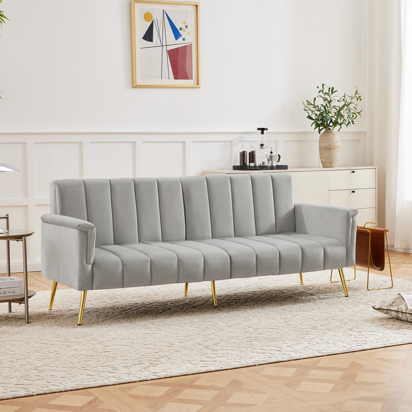 Modern Adjustable Velvet Sofa Bed With Multi Position Backrest & Armrests, Metal Legs, Convertible Sleeper Function, Ideal For Living Room, Bedroom, Home Theater & Guest Room, Grey, Video Included