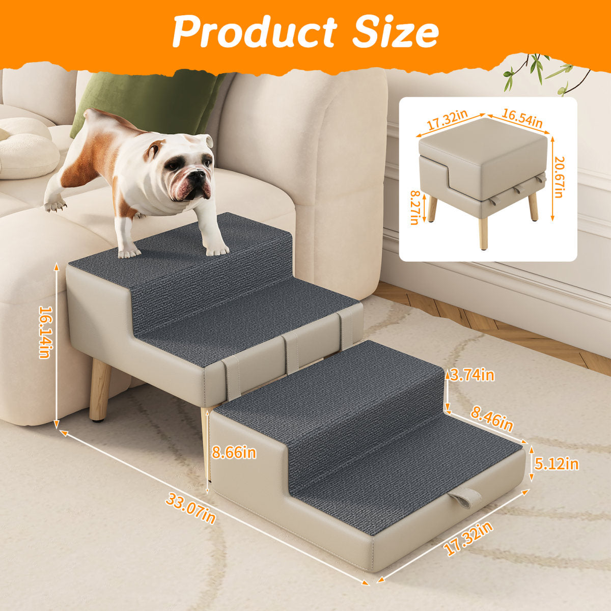 4-Step Ottoman Dog Stairs, 2-in-1 Foldable Pet Ramp for Bed,  Dog Ramp for Small Puppy and Cats, Sturdy Wood Frame Support with Non-slip walking surface, Holds Up To 220lbs ( Light Grey Color )