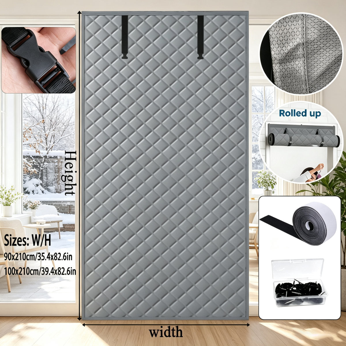 Grey Diamond Grid Quilted Thick Cotton Thermal Insulated Door Curtain, Wind Sound Dust Barrier Foldable Roll Up Door Drape With Storage Buckle, Double Installation Hardware