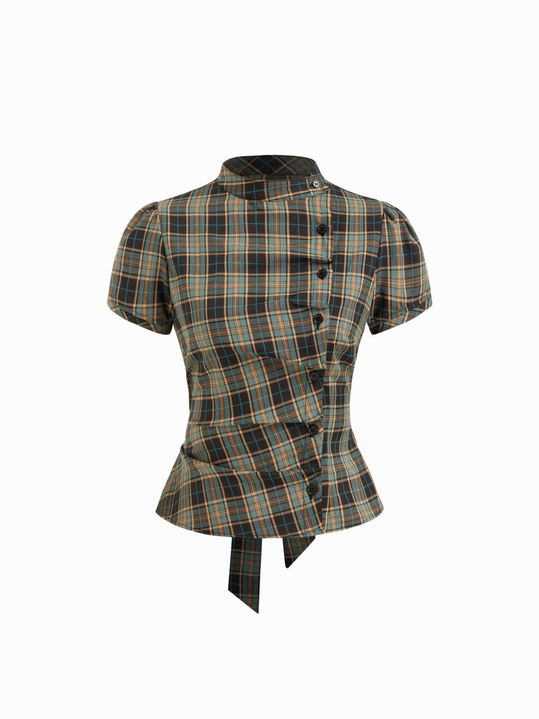 Korean-style Retro Color-block Plaid Stand-collar Short-sleeve Shirt