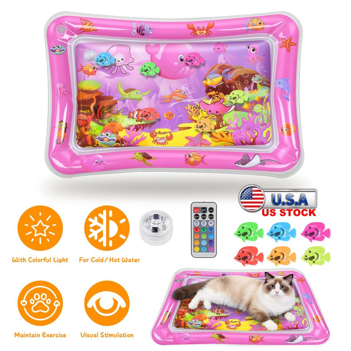 Cat Water Mat Interactive Sensory Play Mat With Floating Fish Toys LED Color Changing Light Thickened PVC For Indoor Cats Kittens Pet Enrichment