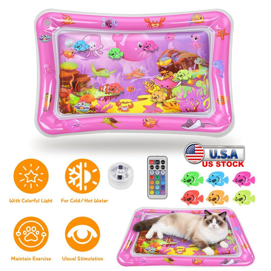 Cat Water Mat Interactive Sensory Play Mat With Floating Fish Toys LED Color Changing Light Thickened PVC For Indoor Cats Kittens Pet Enrichment