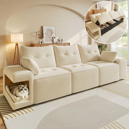 Modern Modular 3-seater Sofa With Wide Armrests, Cloud Sofa, Integrated Storage, Upholstered Pet Area, With Two Cushions - Ideal For Living Rooms And Apartments, Beige