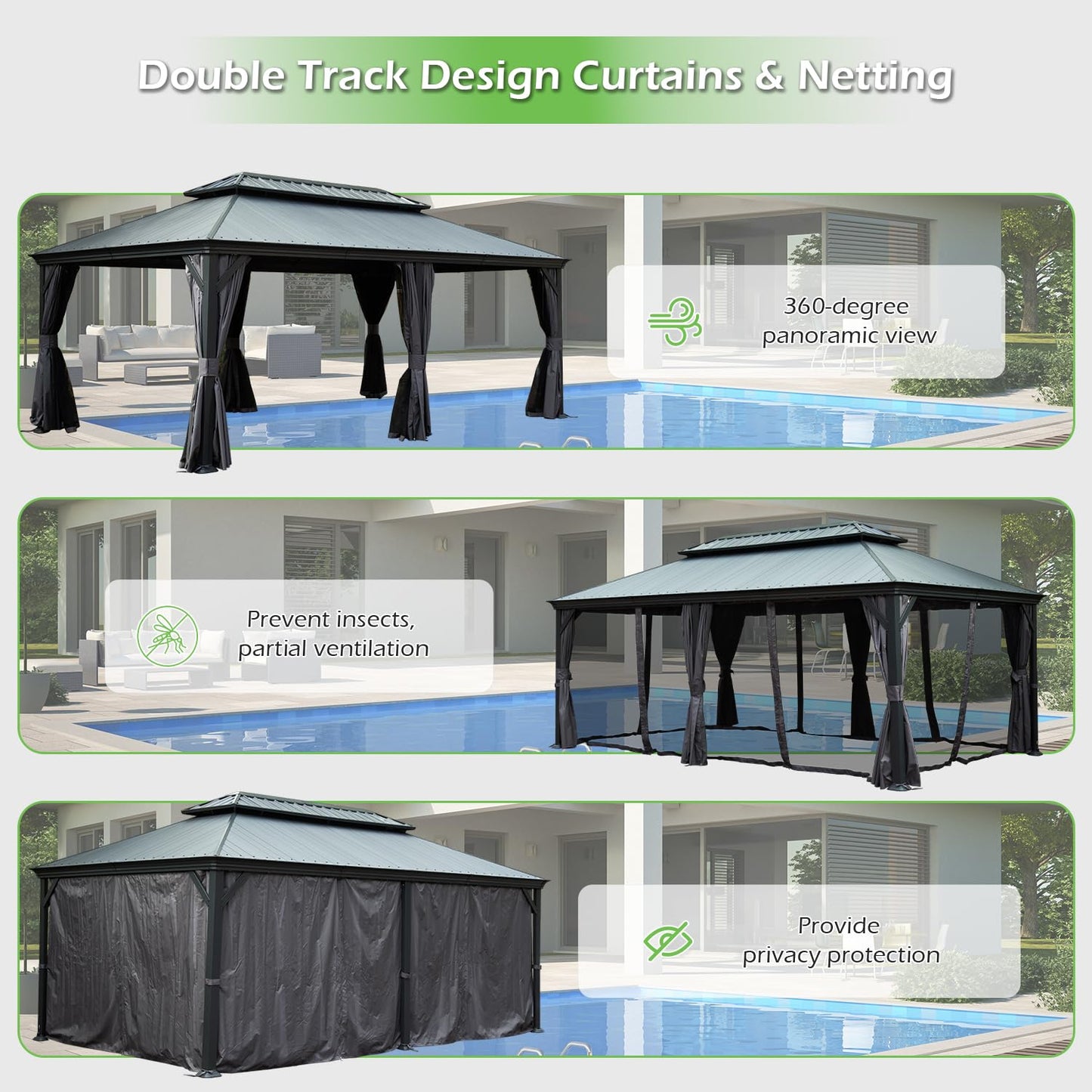 14  X20   Hardtop Gazebo With Resin Roof, Outdoor Metal Gazebo With Drainage Gutters, Permanent Heavy Duty Pavilion For Patio, Backyard And Deck, Curtains And Mosquito Netting Included