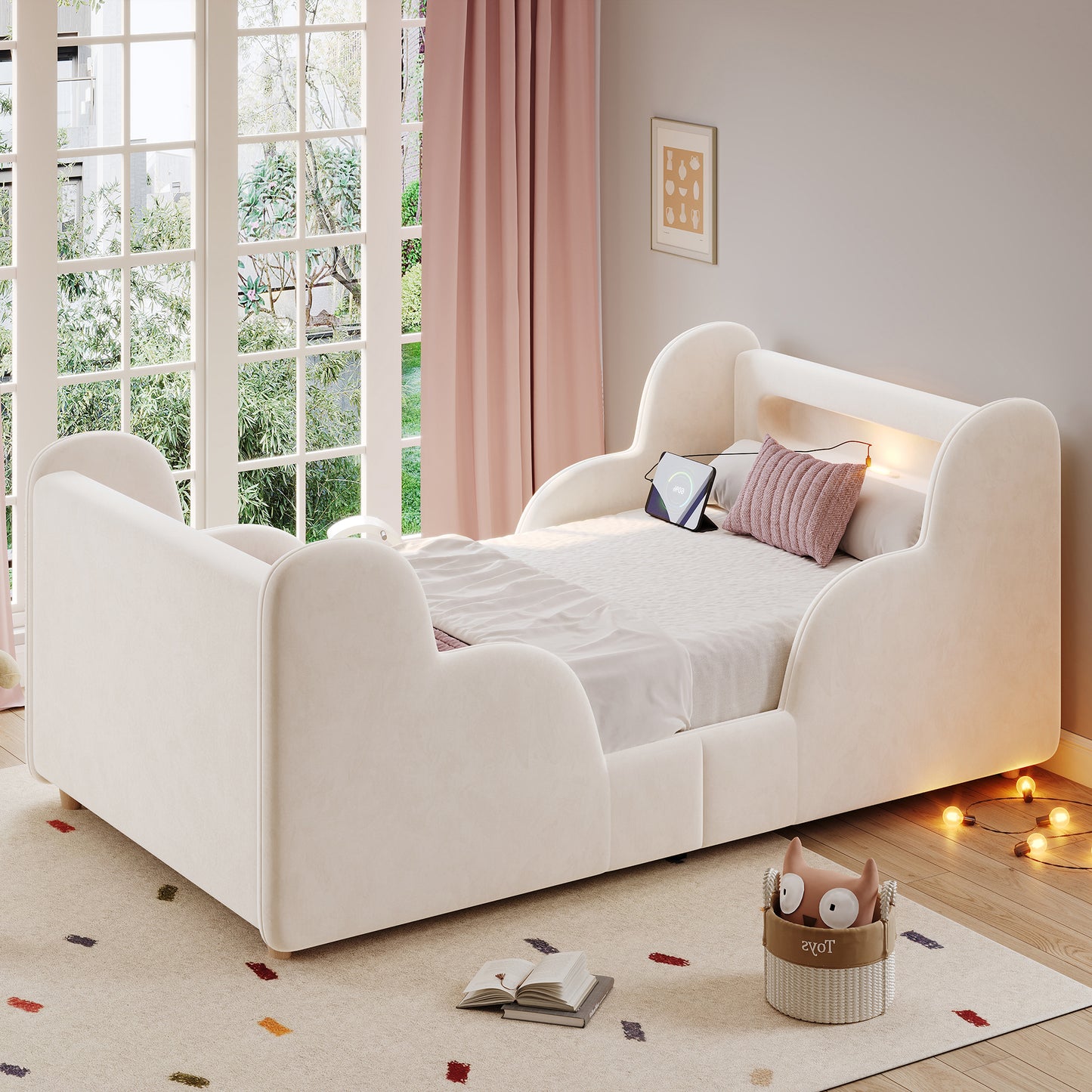 Children's Bed 90 X 200cm, Upholstered Bed, Single Bed, With Safety Railing, With Night Light And USB Charging Port And Storage Compartments, Bed Legs Made Of Solid Wood, Velvet, Beige
