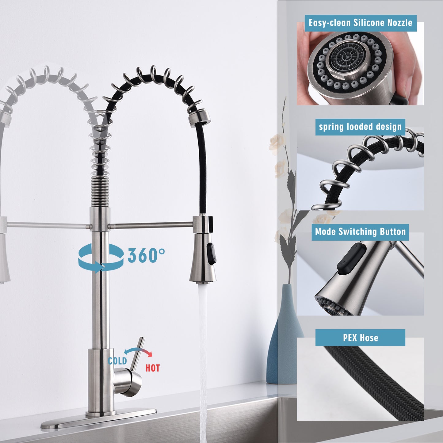 Brushed Nickel Single Handle Commercial Modern Spring High   Kitchen Faucet Water Filter System Bends As You Want