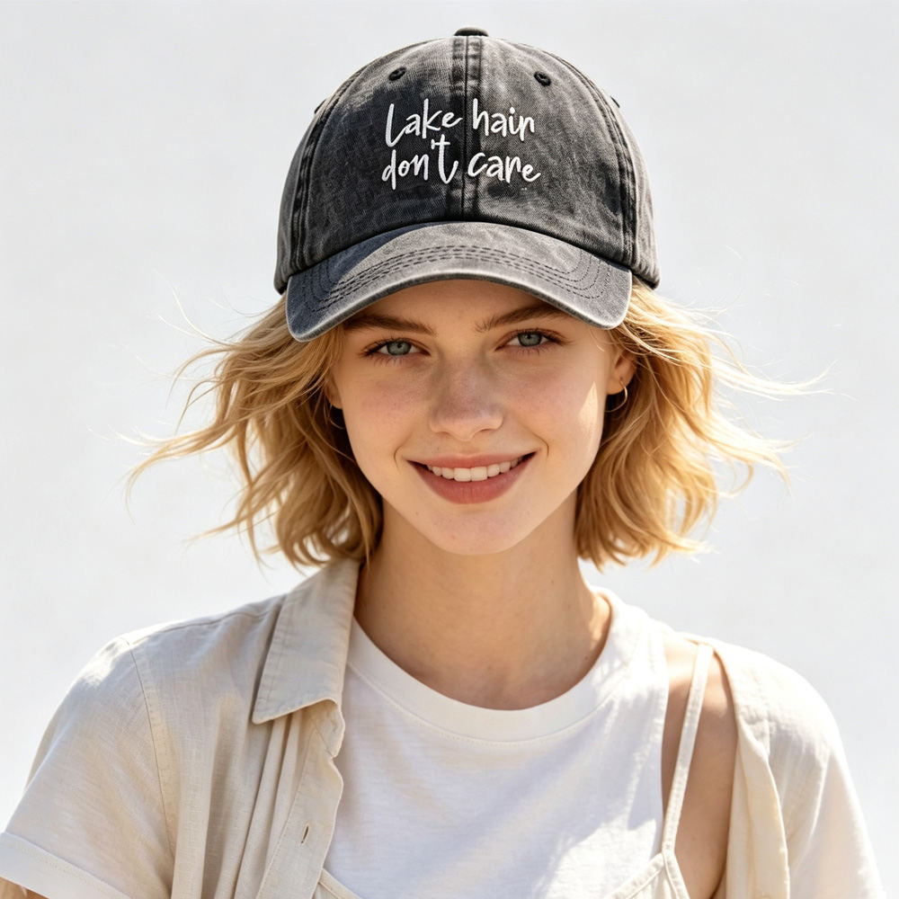 2pcs Lake Hair Washed Black Baseball Cap , Lake Hair Don't Care Embroidery Vintage Distressed Hat Summer Casual Lake Trip Hat