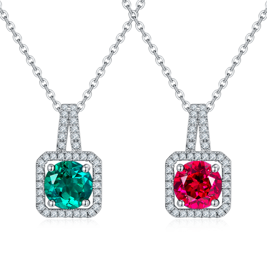 S925 Sterling Silver 2ct Lab-Grown Ruby Emerald Pendant Necklace, Platinum Plated Square Halo With Split Pave Bail, Women's Fine Jewelry Gift Box