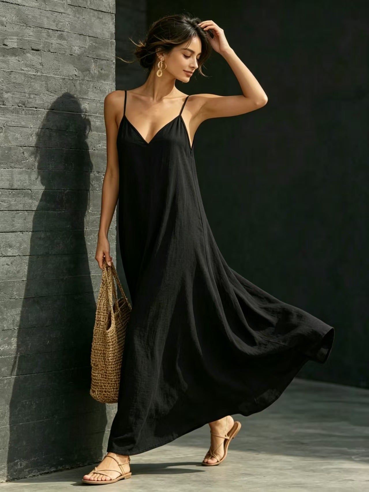 Summer V-Neck Spaghetti Strap Flowy Maxi Dress - Casual Fashion Solid Color Long Dress For Women Vaction Dress